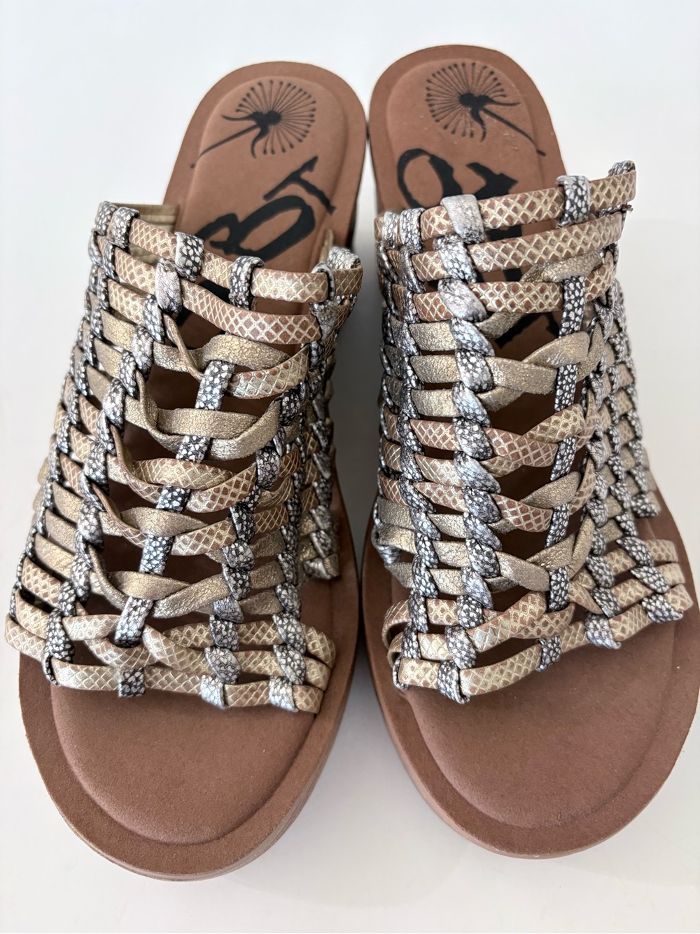 OTBT STARLIKE Woven Leather Wedge Slide Sandals Metallic Boho Hippie EUC 7.5 - Picture 3 of 13